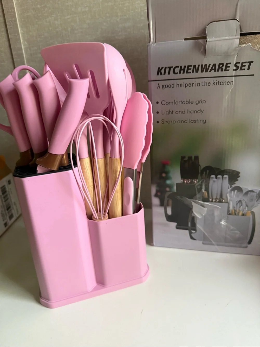 Kitchenware Set - Pink Silicone Utensils with Wooden Handles